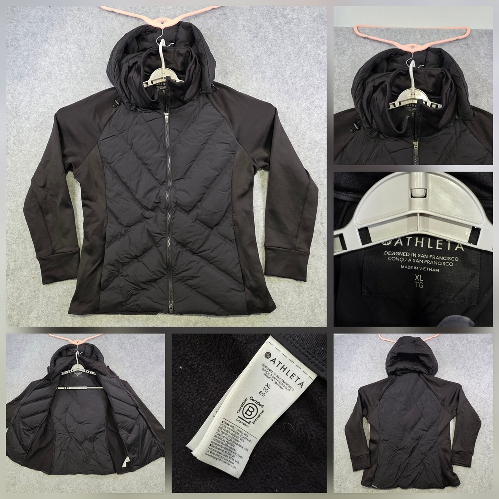 Athleta Jacket Womens XL Black Hooded‎ Down Insulated Full Zip Puffer Athletic